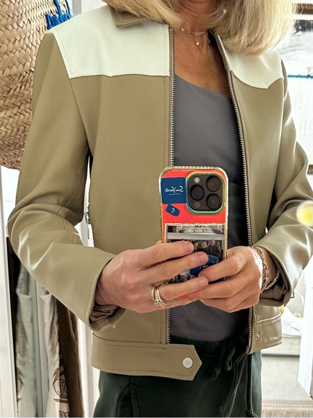 Olive and Cream Leather Zip-Front Jacket